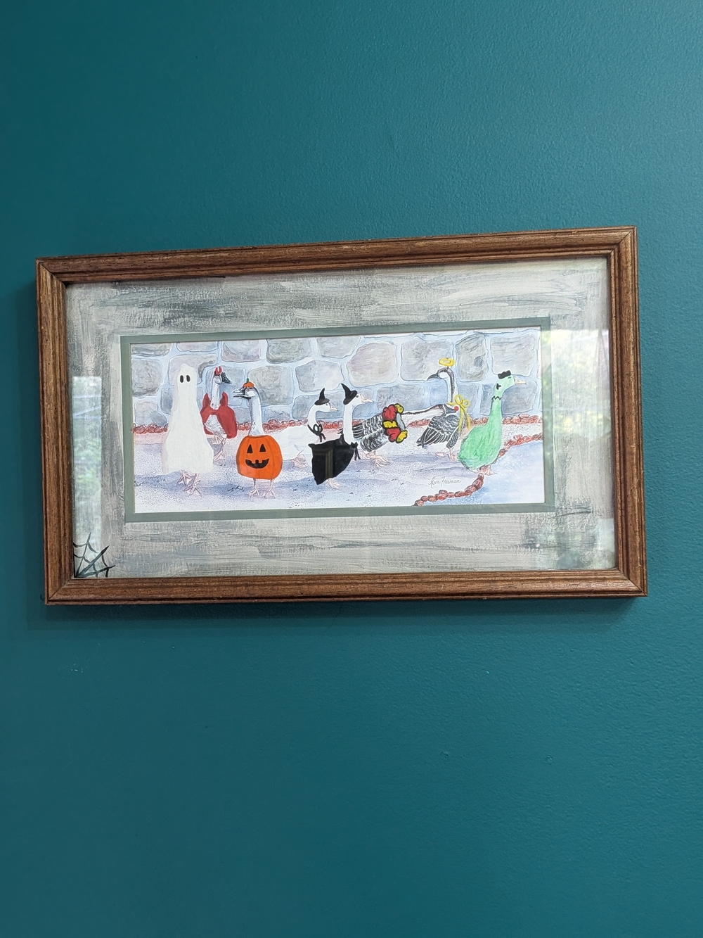 Whimsical Halloween Goose Parade Framed Art - Teal, Orange, Green